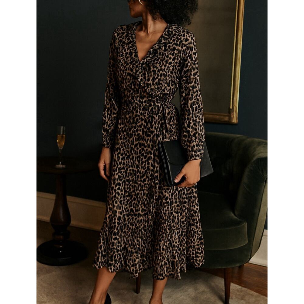 Michael Kors Leopard Midi Wrap Dress - XS Ruffled Flowy Tiered Office Maximalist